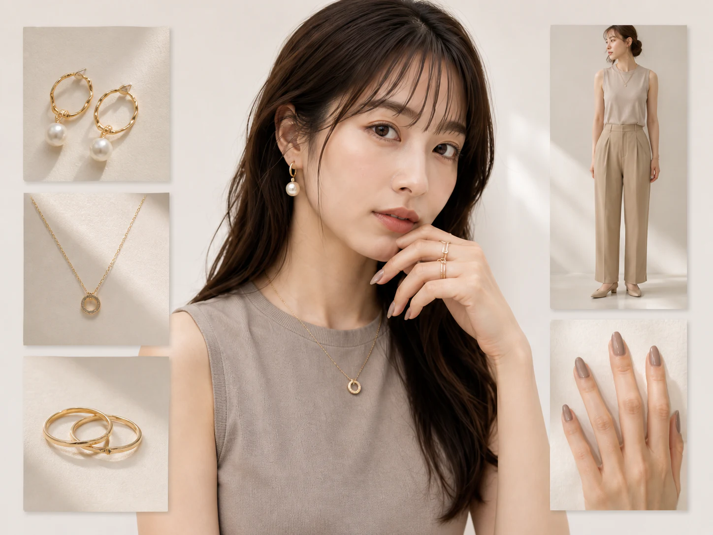 服、イヤリング、ネックレス、リング、ネイルを一つのルックで試着するMIRRORIA